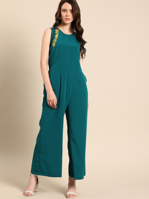 

DressBerry Women Teal Blue Solid Basic Jumpsuit with Embroidered Detailing