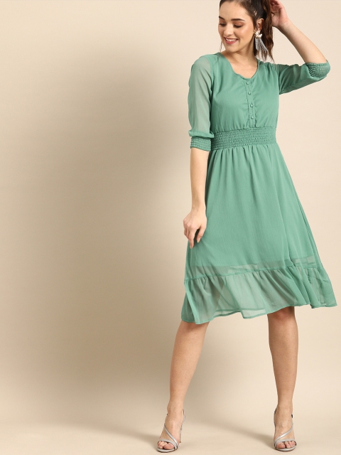 

DressBerry Women Sea Green Solid Fit and Flare Dress