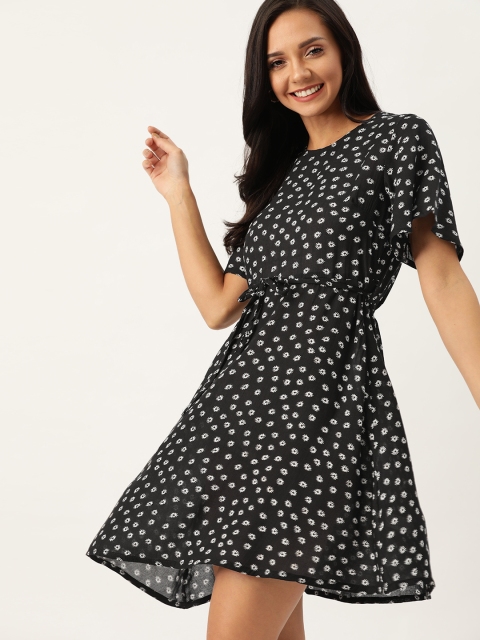 

DressBerry Women Black & White Floral Printed A-Line Dress With Belt