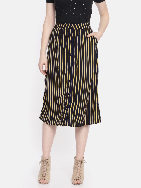 

DressBerry Women Black & Mustard Yellow Striped Midi Straight Skirt