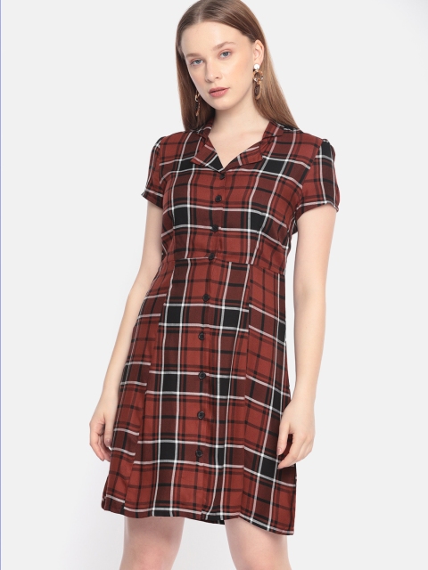 

DressBerry Women Checked Rust Brown A-Line Dress