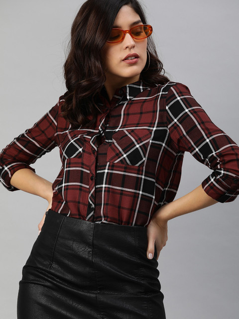 

DressBerry Women Rust Brown & Black Regular Fit Checked Casual Shirt