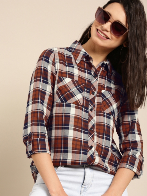 

DressBerry Women Rust Brown & White Regular Fit Checked Casual Shirt