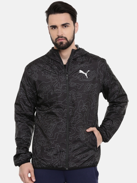 

Puma Men Black & Grey AOP Windbreaker Printed Open Front Jacket