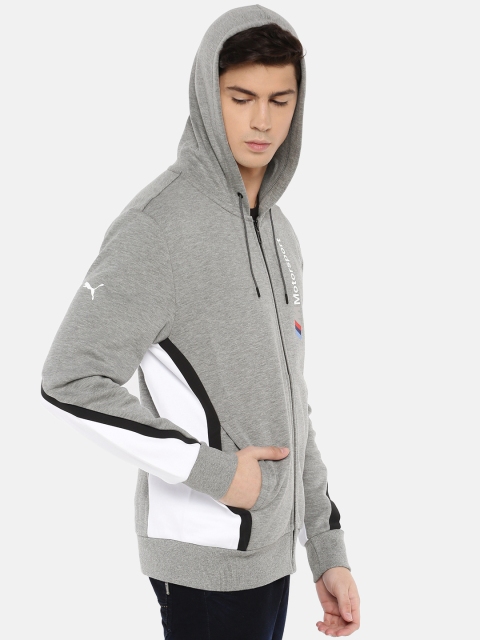 PUMA Motorsport Men Grey Melange & White Colourblocked BMW Motorsport Hooded SportyJacket
