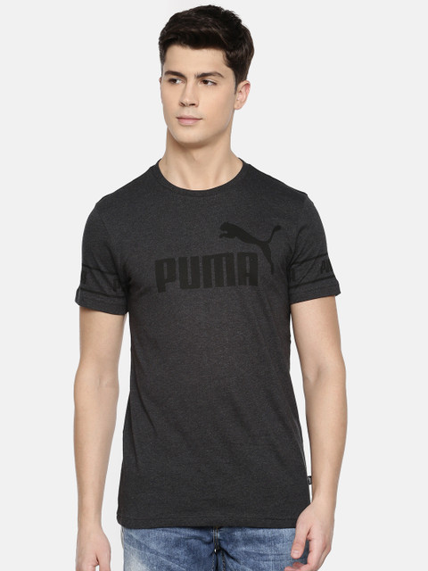 

Puma Men Charcoal Grey Printed Amplified Big Logo Slim Fit Pure Cotton T-shirt