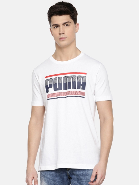 

Puma Men White & Navy Blue Printed Graphic Regular Fit Round Neck T-shirt