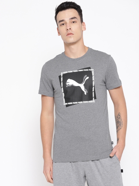 

Puma Men Grey Melange & Black Cat Brand Graphic Print Slim Fit T-shirt