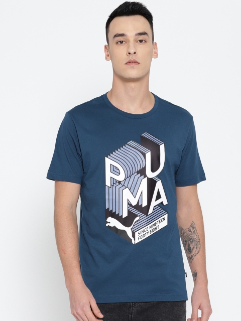 

Puma Men Teal Blue & White Graphic Print Effect Interest T-shirt