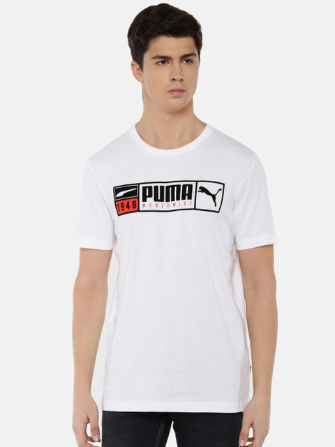 

Puma Men White Printed Gold Plate Brand Graphic Round Neck Pure Cotton T-shirt