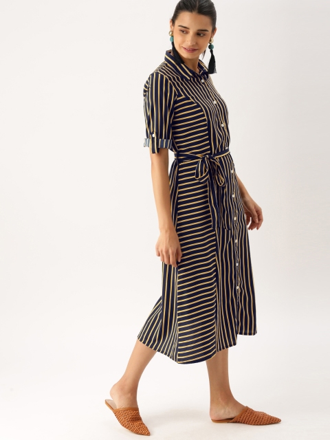 

DressBerry Women Navy Blue & Mustard Yellow Striped Shirt Dress