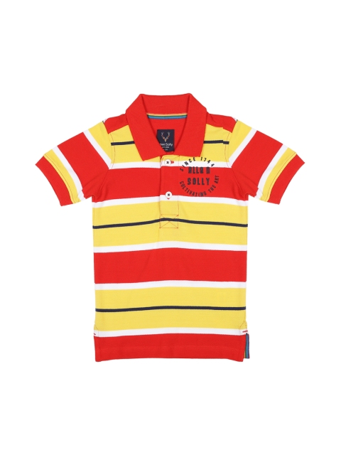 

Allen Solly Junior Boys Red & Yellow Striped Polo Collar T-shirt