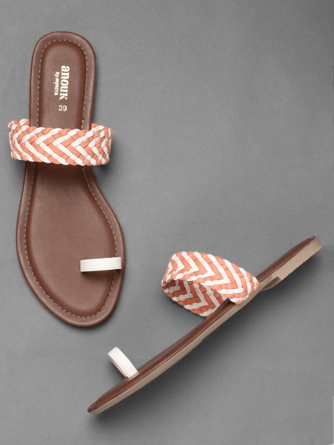 

Anouk Women Nude-Coloured & White Woven Design One Toe Flats