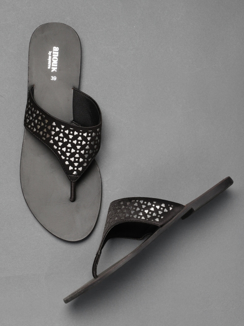 

Anouk Women Black & Silver-Toned Solid Open Toe Flats