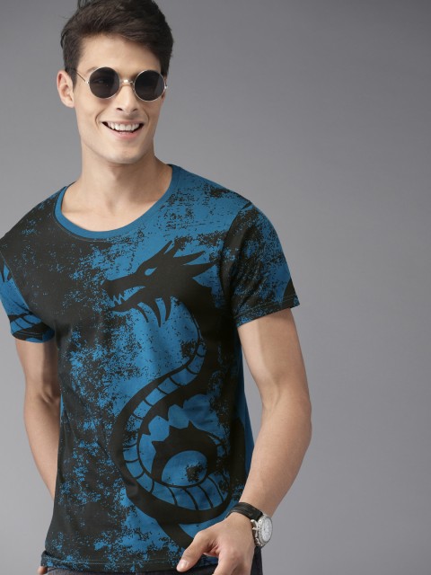 

HERENOW Men Black Teal Blue Printed Round Neck Pure Cotton T-shirt