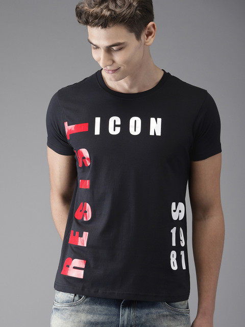 

HERENOW Men Black Printed Round Neck Pure Cotton T-shirt