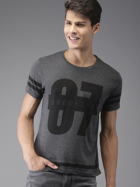 

HERE&NOW Men Charcoal Grey Printed Round Neck T-shirt