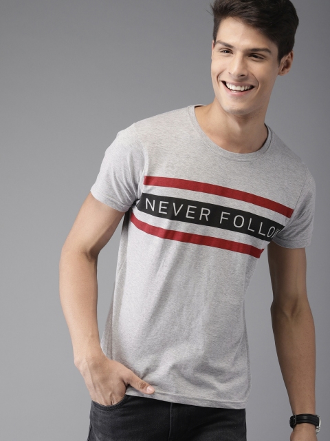 

HERE&NOW Men Grey Melange & Red Printed Round Neck T-shirt