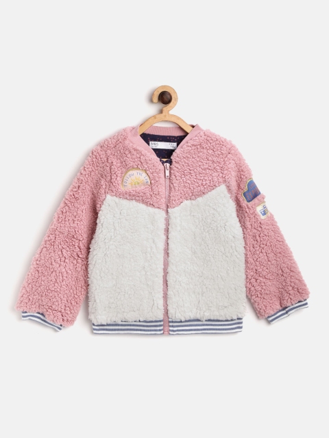 

Marks & Spencer Girls Pink & White Colourblocked Fuzzy Bomber Jacket