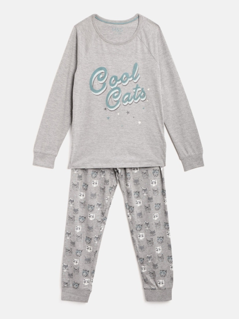 

Marks & Spencer Girls Grey Melange & Green Printed Night Suit