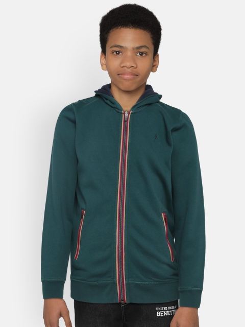 

Indian Terrain Boys Green Solid Hooded Sweatshirt