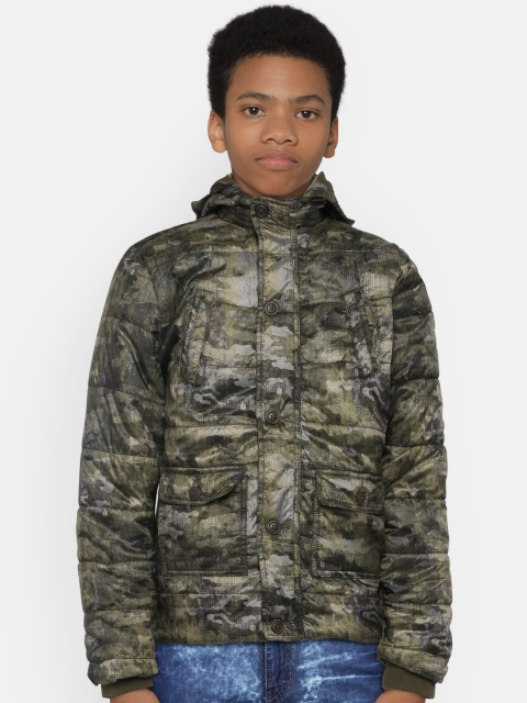 

Indian Terrain Boys Olive Green Printed Padded Jacket