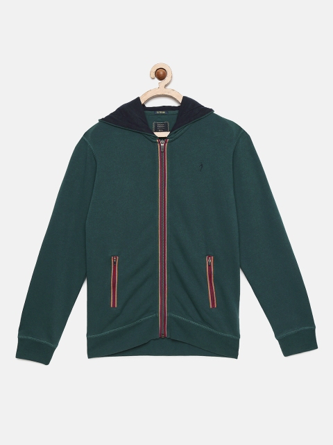 

Indian Terrain Boys Green Solid Hooded Sweatshirt