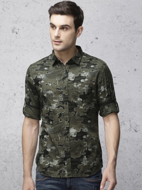 

Ecko Unltd Men Olive Green & Black Regular Fit Camouflage Printed Casual Shirt