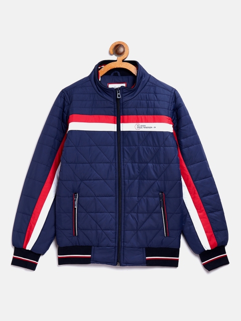 

Monte Carlo Boys Navy Blue Solid Bomber Jacket with Striped Detail