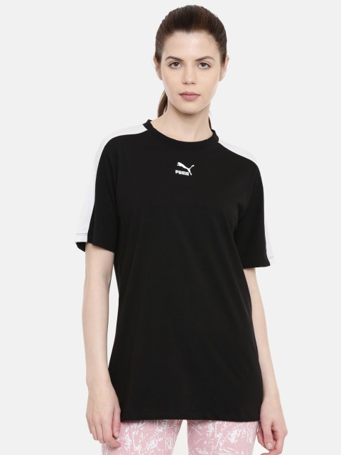 

Puma Women Black Solid Classics T7 Round Neck Pure Cotton T-shirt