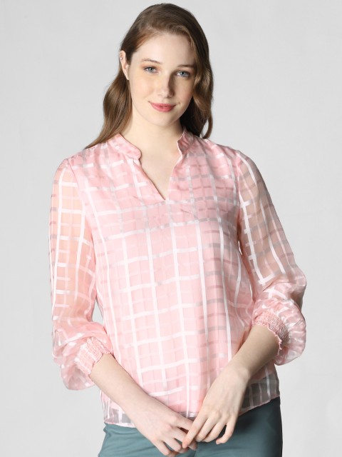 

Vero Moda Women Pink & White Self Checked Regular Top