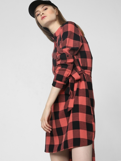 

Vero Moda Women Coral Red & Black Checked Shirt Dress