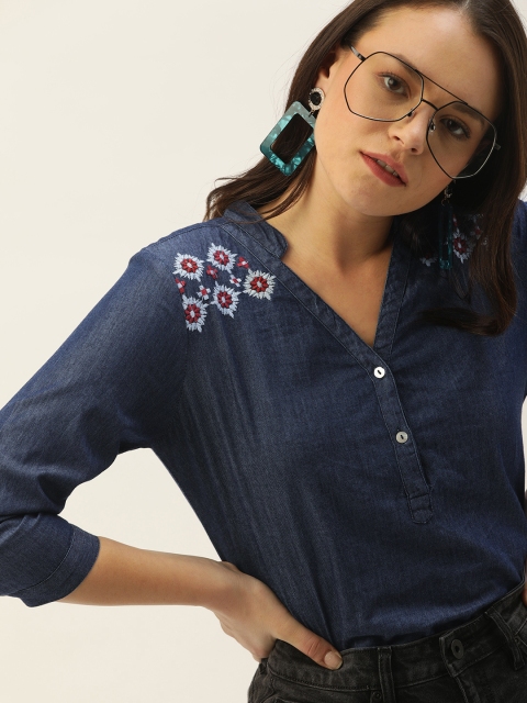 

DressBerry Women Navy Blue Solid Pure Cotton Top With Embroidered Detail