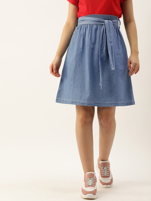 

DressBerry Women Blue Solid A-Line Chambray Skirt With Smocked Detail