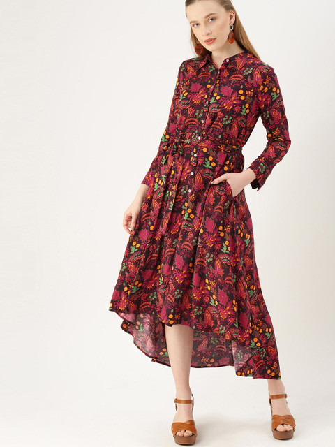 

DressBerry Women Red & Navy Blue Floral Print Fit and Flare High Low Dress