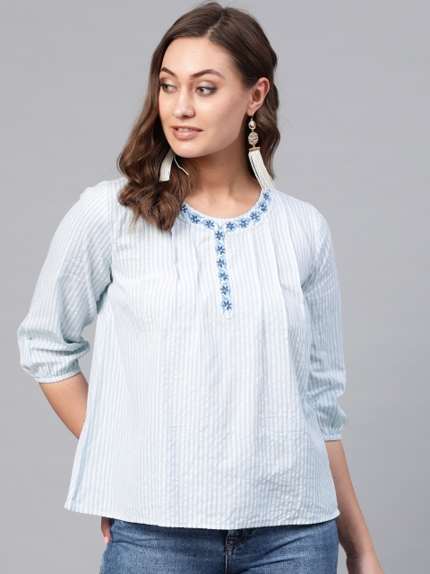 

DressBerry Women Blue & White Striped Pure Cotton Top
