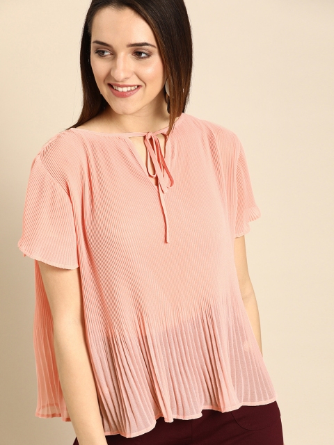 

DressBerry Women Accordian Pleat Peach-Coloured Semi Sheer Top