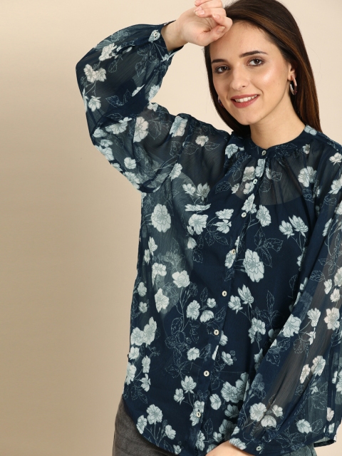 

DressBerry Women Navy Blue & White Regular Fit Printed Semi-Sheer Casual Shirt