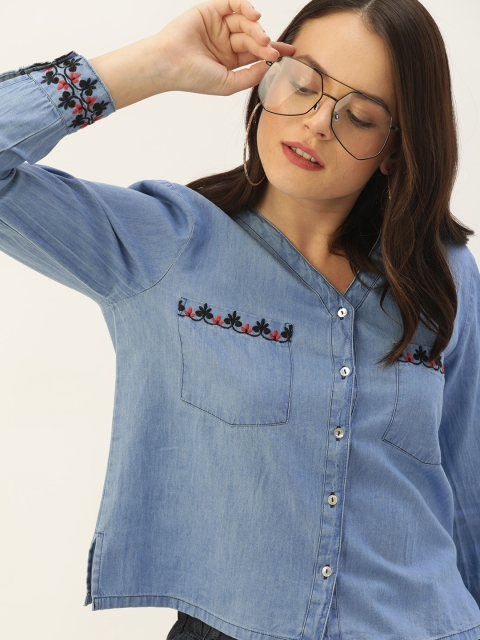 

DressBerry Women Blue Regular Fit Solid Casual Shirt With Embroidered Detail