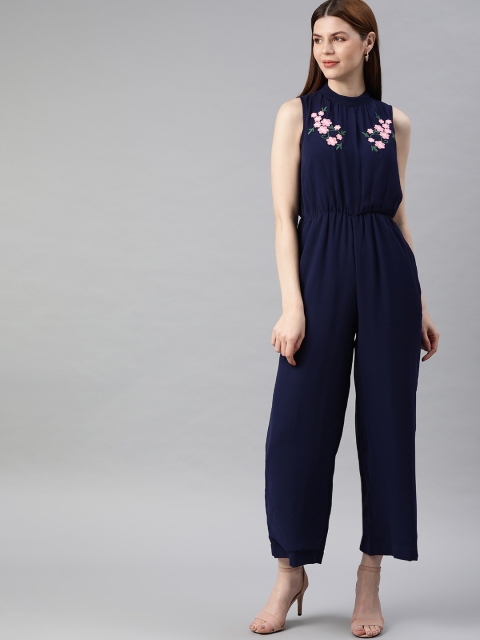 

DressBerry Women Navy Blue Solid Basic Jumpsuit With Embroidered Detailing