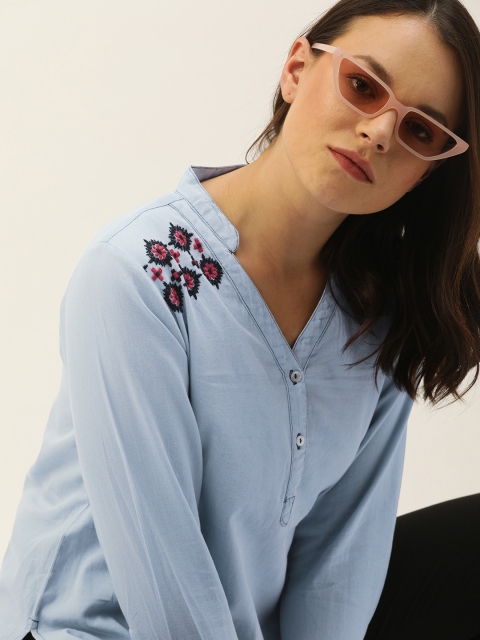 

DressBerry Women Blue Solid Top With Embroidered Details