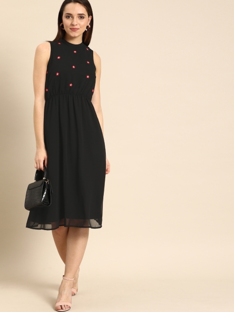 

DressBerry Women Black Floral Embroidered Fit and Flare Dress