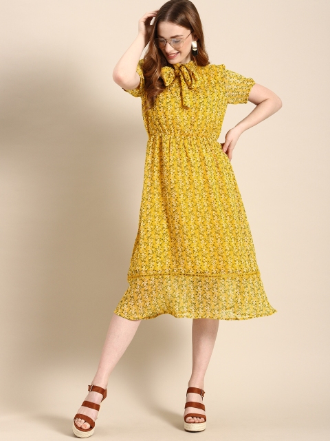 

DressBerry Women Yellow Floral Printed A-Line Dress