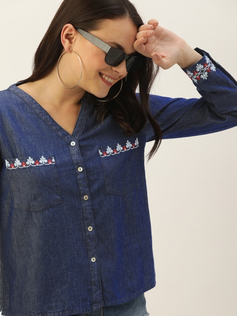 

DressBerry Women Navy Blue Regular Fit Solid Casual Shirt With Embroidered Detail