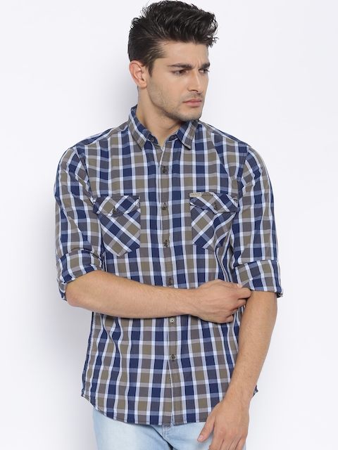 Flying Machine Blue & Grey Checked Casual Shirt