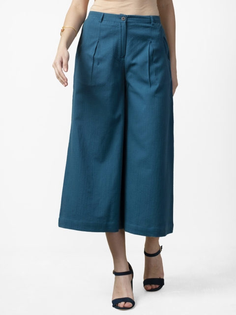 

Fabindia Women Teal Blue Slim Fit Dobby Design Culottes