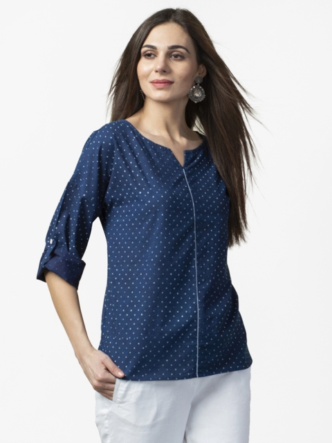 

Fabindia Women Navy Blue & Off-White Handblock Print Indigo Dyed Pure Cotton Top