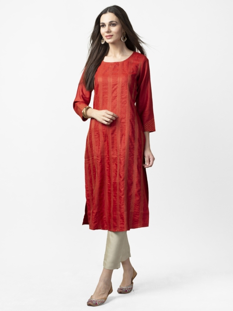 

Fabindia Women Rust Red & Golden Striped Straight Kurta