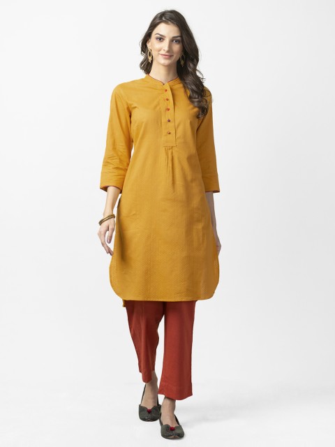 

Fabindia Women Mustard Yellow Dobby Weave Straight Kurta