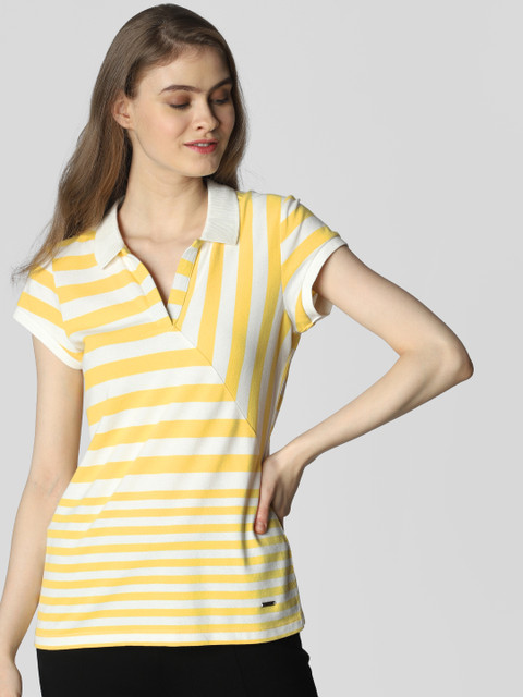 

Vero Moda Women Yellow & White Striped Polo Collar T-shirt